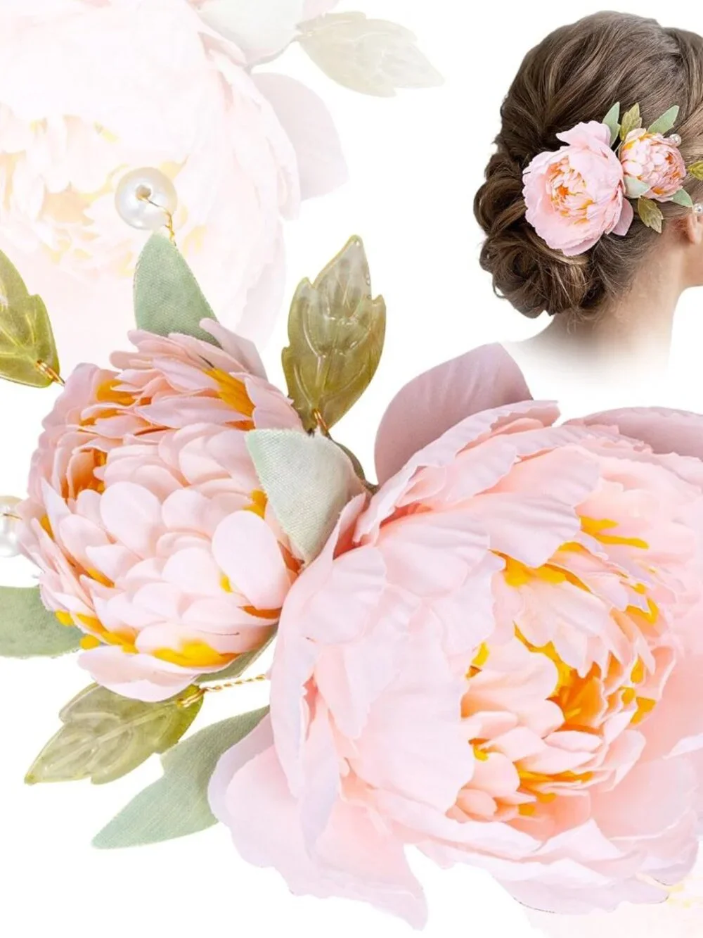 Double Pink Peony Flowers Hair Clip with Pearls Prom Wedding‎ Party Summer